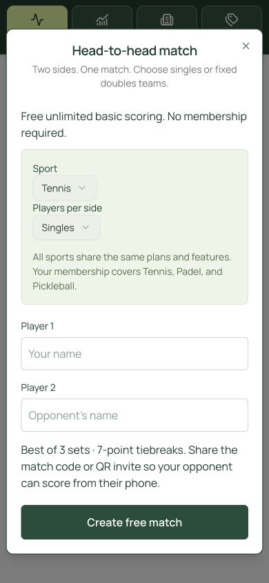 Courtline Score match setup screen